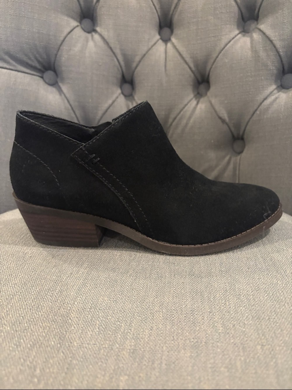 Lucky Brand Black Suede Ankle Bootie with Low Stacked Heel